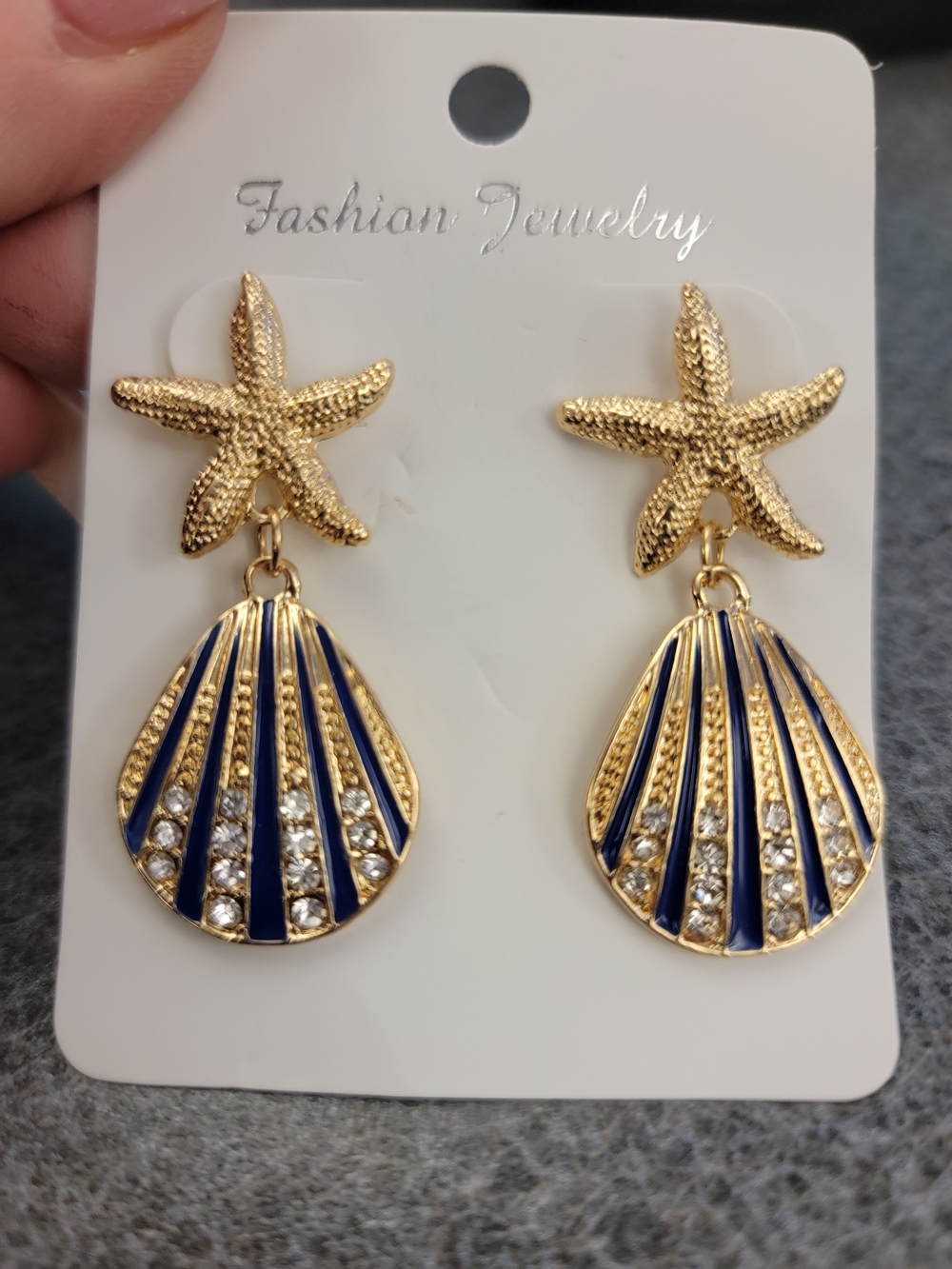 Fashion Jewelry Gold and Navy Starfish Shell Drop Earrings with Crystal Accents